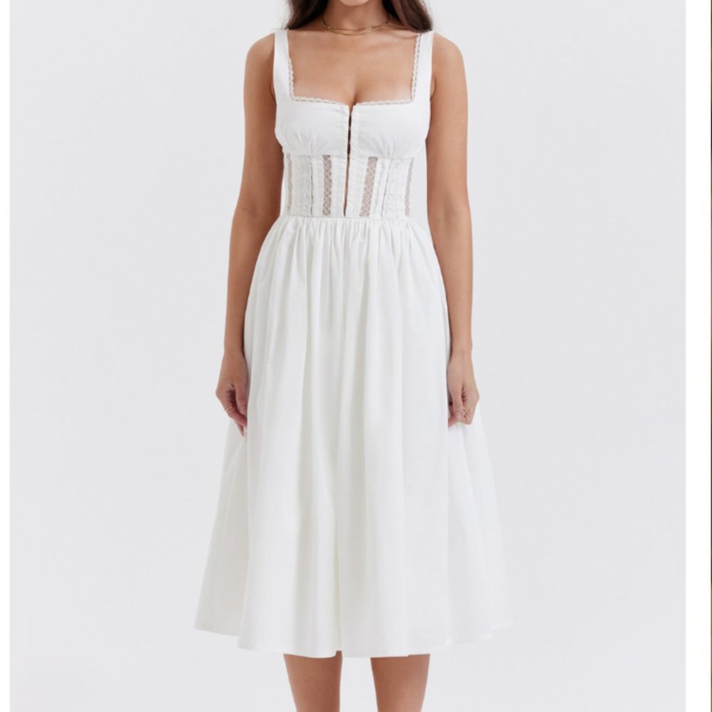 Brand New Wrapped House of CB PERLE WHITE LACE TRIM MIDI DRESS